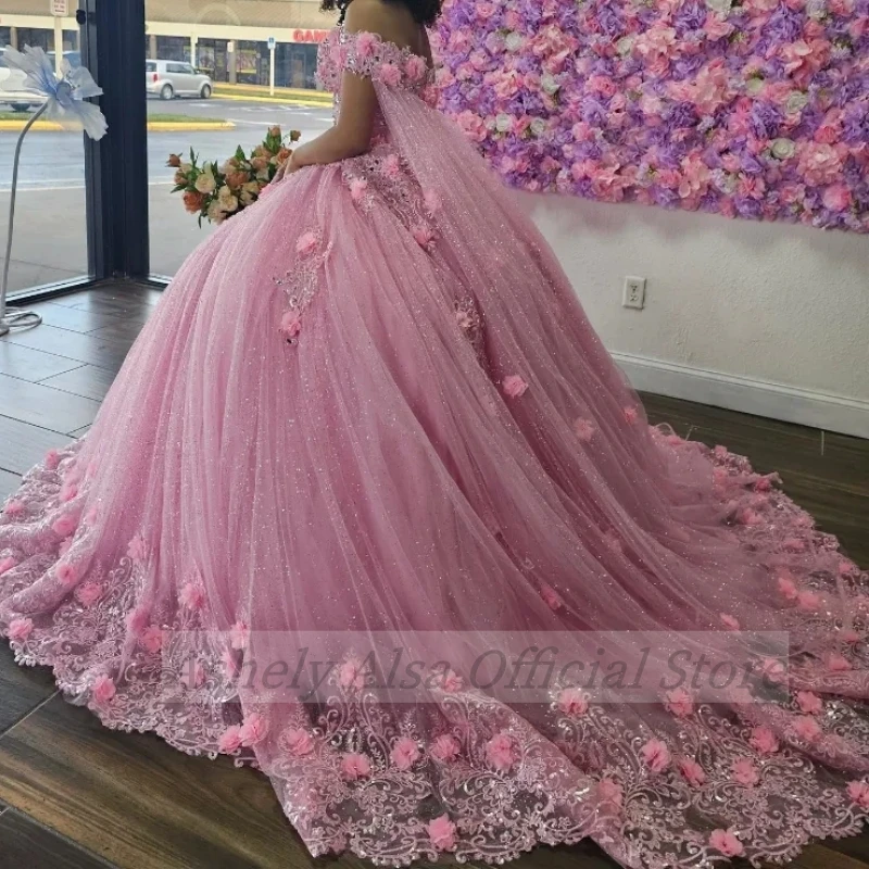 Vestido De quinceañera De princesa Rosa árabe saudita con manga, capa, manga De casquillo, Vestido De flores De XV Anos, Vestido De fiesta De cumpleaños, baile De graduación