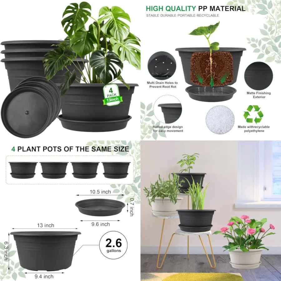 

Large Flower Pots Set of 4 Pack, Plant Pots Outdoor Planters with Draage Hole and Tray Saucer, Decoration Plastic Pots for Plan
