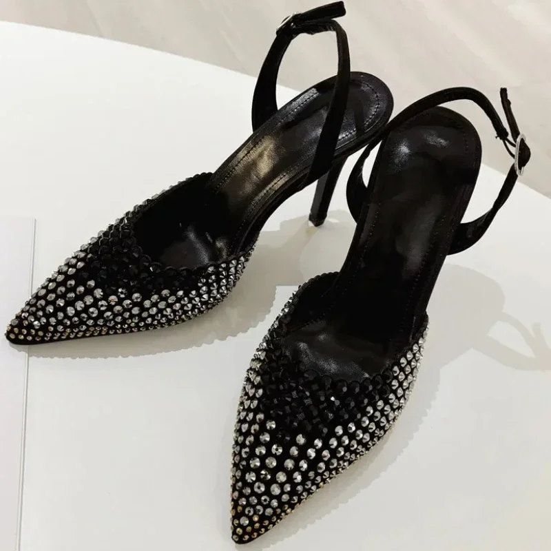 Luxury Rhinestones Pointed Toe Thin High Heels Women Hollow Buckle Sexy Designer Brand Sandals Female Banquet Party Shoes Women