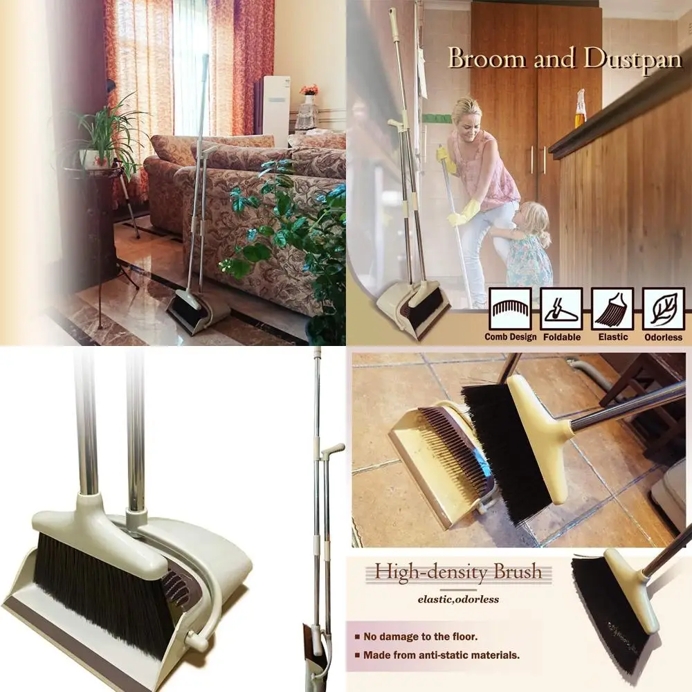 

Lightweight Upright Broom and Dustpan Set with Long Handle for Indoor and Outdoor Use - Brown