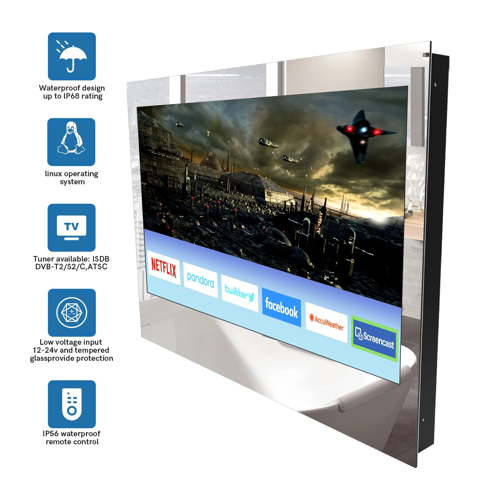 IP55 Waterproof Smart Mirror FHD TV With Frame Decoration Suitable For Hotel Bathroom