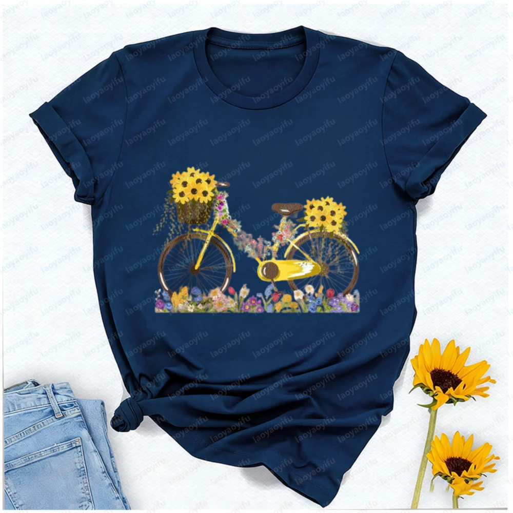 Floral Bicycle T-Shirt  Sunflower & Wildflower Graphic Tee Cute Garden Nature Shirt for Women Summer Botanical Gift Tops Y2k Top