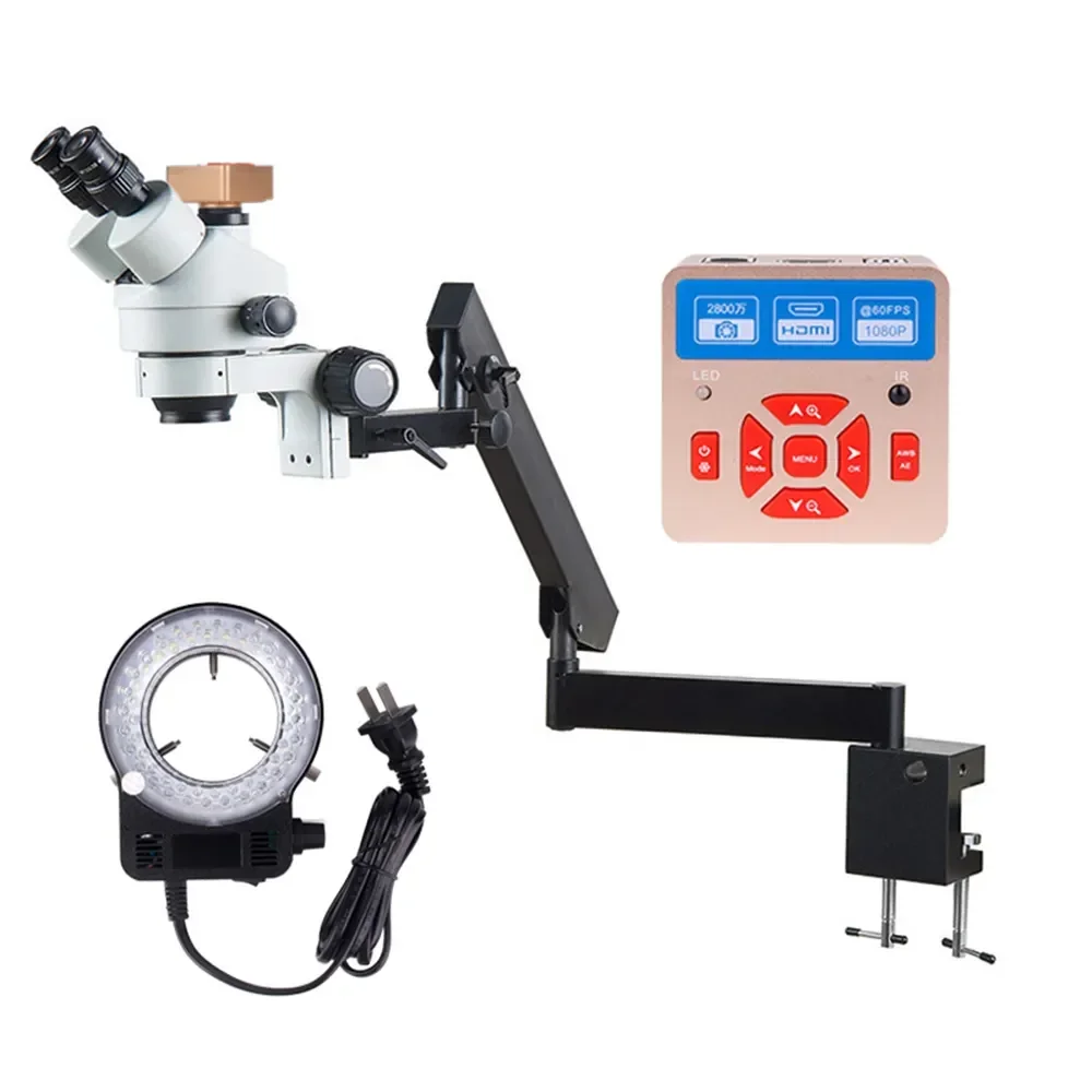 Flexible Articulating Arm  Fixation Clamp 7X 45X Consecutive Zoom Trinocular Stereo Microscope with 28MP Digital Ca me ra