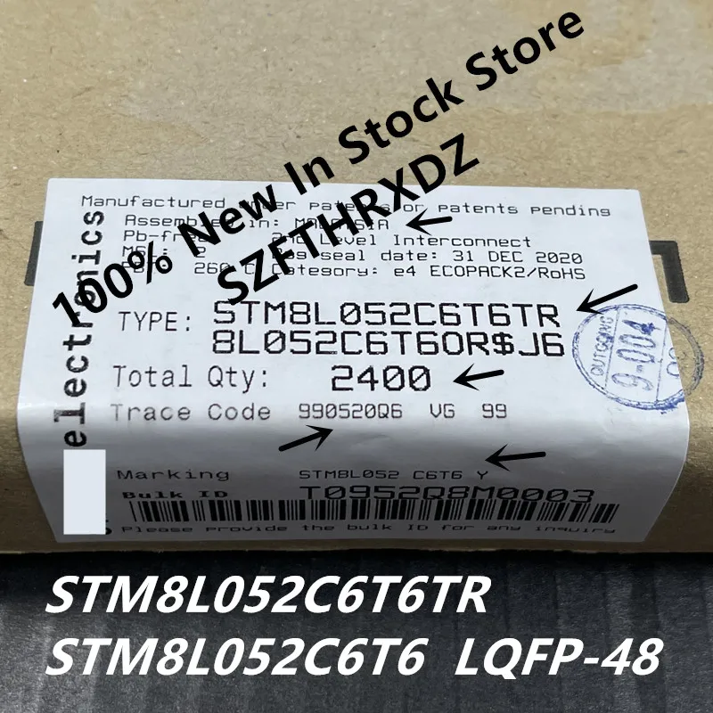 100% NEW ORIGINAL STM8L052C6T6TR LQFP-48 STM8L052C6T6 LQFP48 MCU 8-Bit STM8L STM8 CISC 32KB Flash