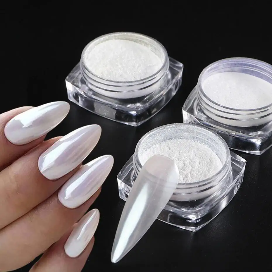 Moonlight Pearl White Nails Glitter Dust Chrome Aurora White Rubbing on Powder Shell Mirror Pigment Nail Art Supplies Decoration