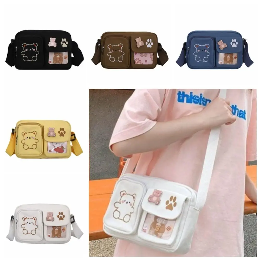 Cute Embroidery Bear Transparent Itabag Zipper Solid Color Canvas Shoulder Bag Japanese Wallet Shoulder Bag Small Item Bag