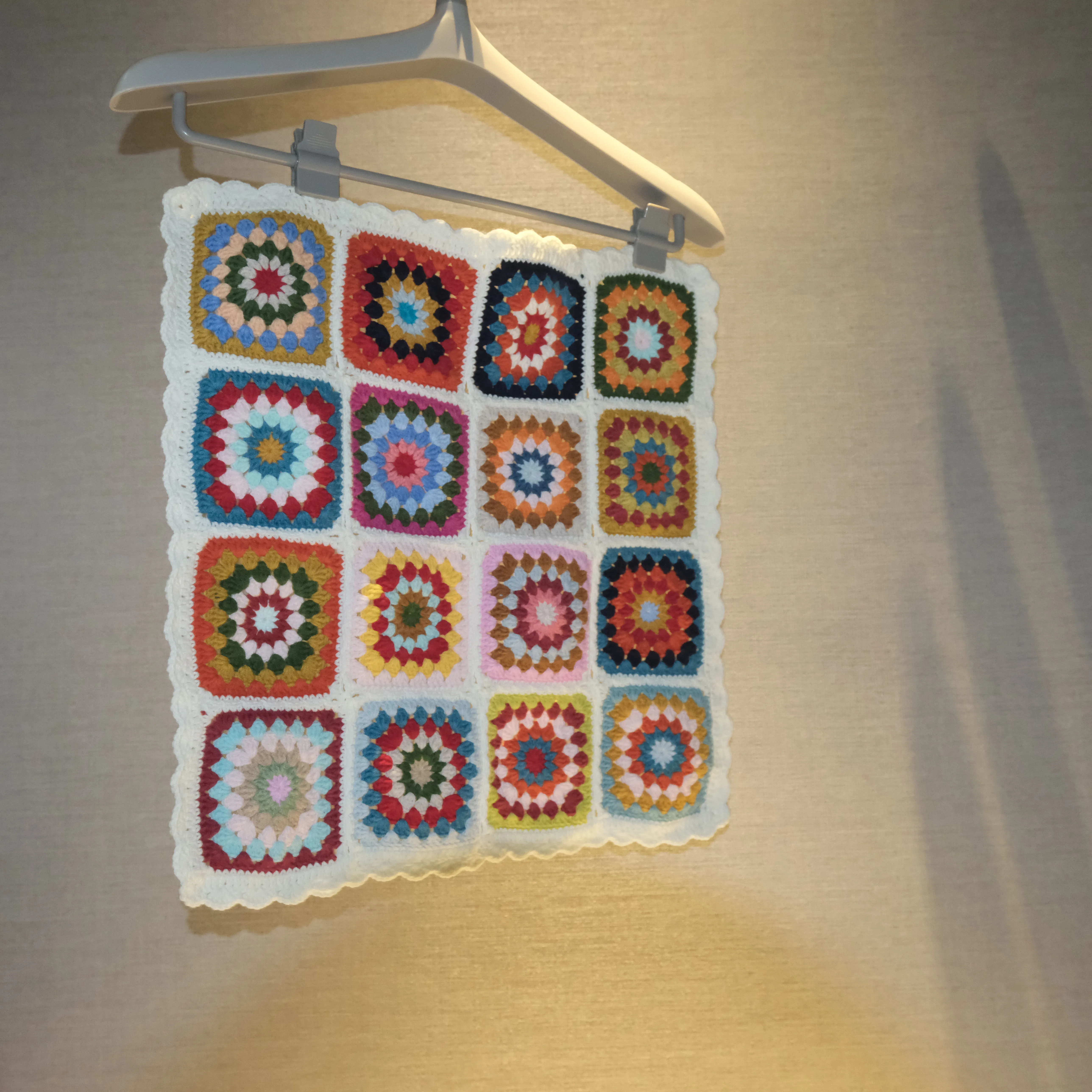 Colorful grandma square cushion, hand crocheted, color blocking design, bohemian style home decor item