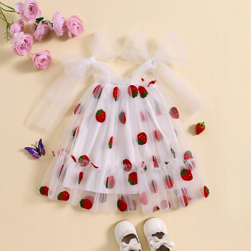 Baby Girls Sleeveless Dress Bow Straps Summer Tulle A-Line Dress with Butterfly Wing for Beach Party Cute Clothes