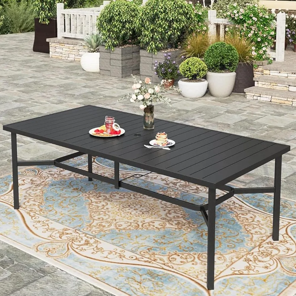 83” Outdoor Dining Table for 8, 8-Person Metal Steel Slat Rectangle Patio Dining Table with Umbrella Hole for Patio Lawn