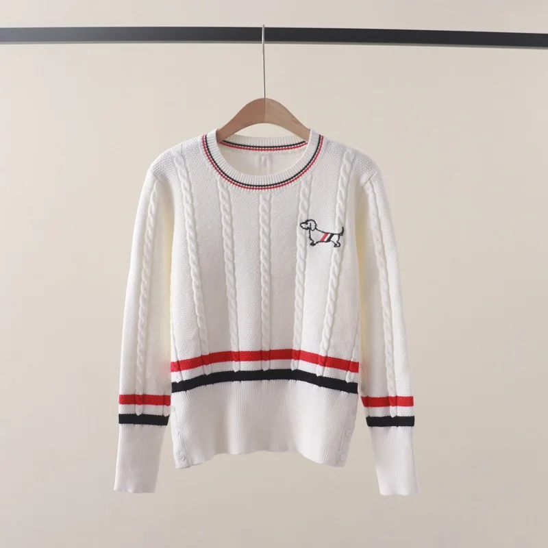 Autumn and Winter NewtbPreppy Style Contrast Color Striped Front and Rear Puppy Embroidered Long-Sleeved Sweater Outer Wear Bott