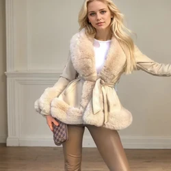 Waist Lace Up Fur Integrated Jacket For Women Elegant Side Pockets Warm Faux Fur Jacket Plus Size High Quality Female Plush Coat
