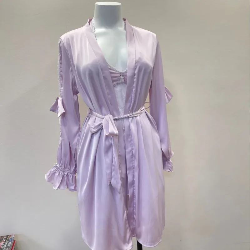 Bridal Loungewear Bridesmaid Gift Silk Nightgown Female Bathrobe Sexy Sleepwear Ruffles Puff Sleeves Silky Dressing Nightgown