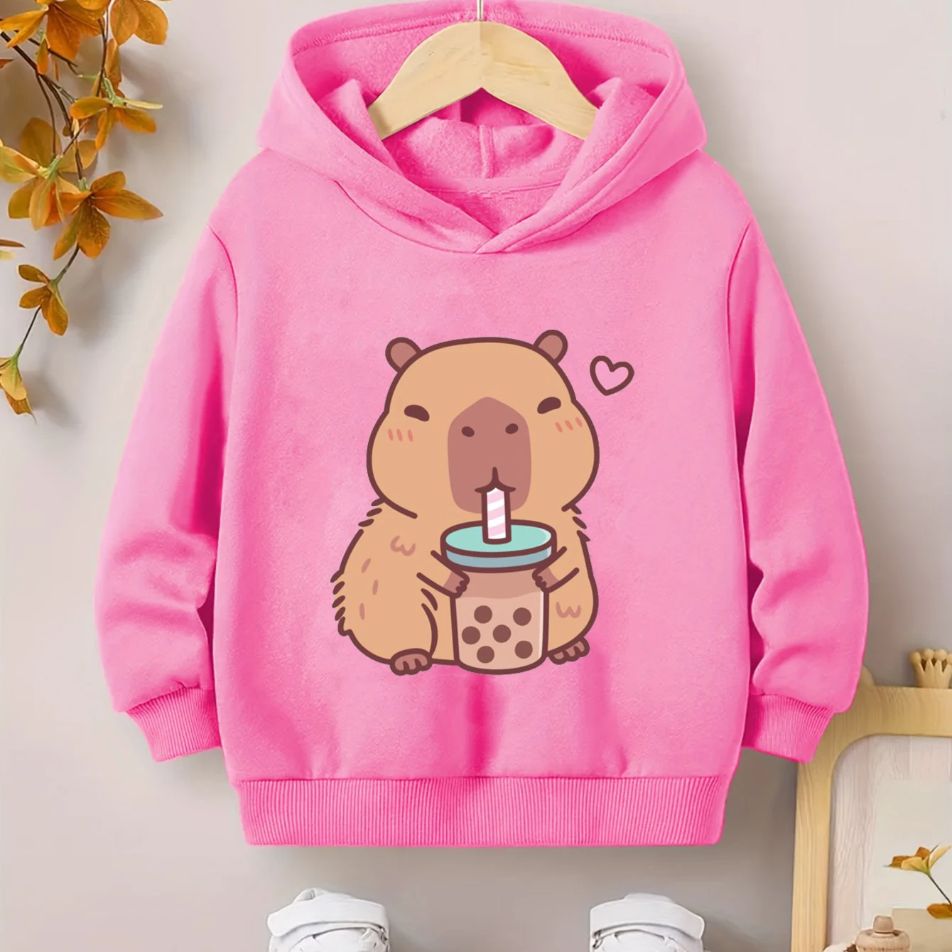 Y2K Style Children's Capybara Drinking Bubble Tea Hoodie Autumn Casual Boys Girls Hoody Harajuku Fashion Long Sleeve Hooded Tops