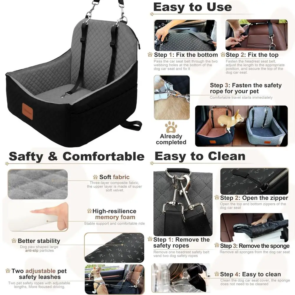 

Компактное автомобильное сиденье для собаки с 2 поводками, бустер для собак до 28 фунтов, дорожная кровать с карманами, съемная и простая установка (черный,