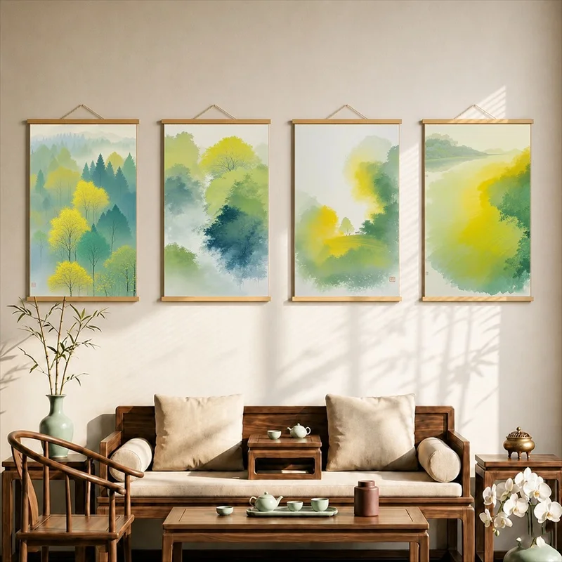 Misty Mountain Forest Canvas Wall Art Hanging Scroll Tranquil Nature Illustration with Wooden Rods for Living Room Decor