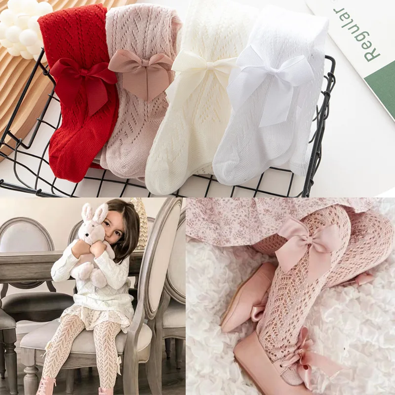 2024 New Baby Children Stockings for Summer Soft Breathable Hollow Mesh Bow Girls Pantyhose New Baby Bottom Tights for 0-3y