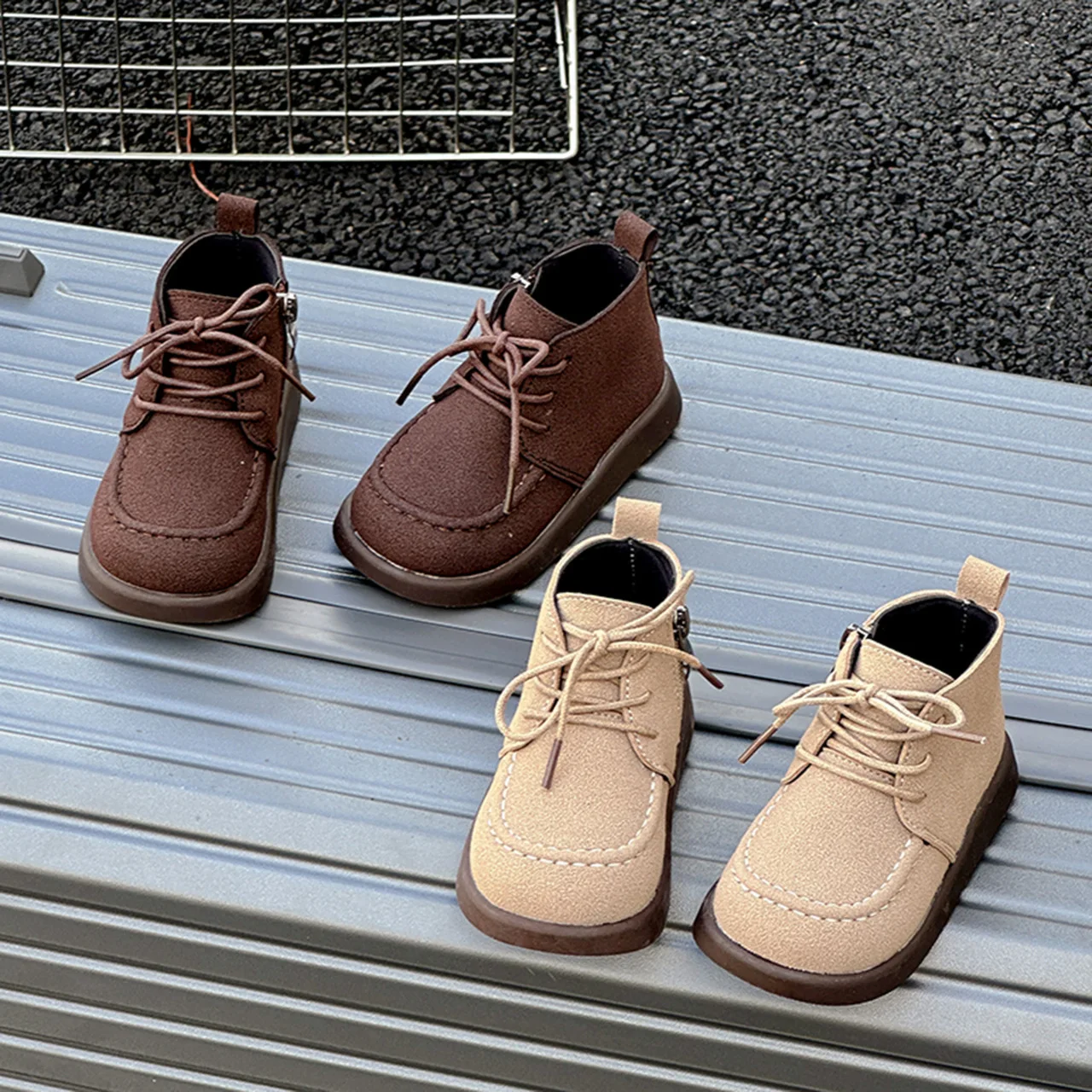 

Girls Boots Girls Fashion Pink Front Lace-up Booties Square Toe Solid Color Children Autumn Winter Side Zipper Leather Boots