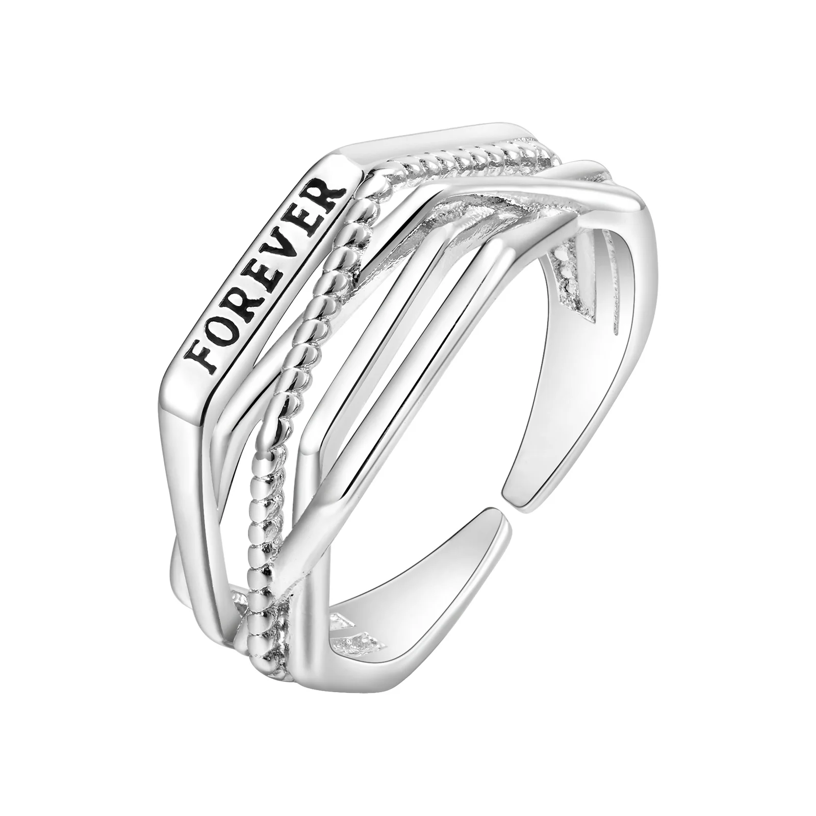 Multi-layer Geometric Crossed Open Ring with FOREVER,Korean Line Cross Style Silver Color Opening Rings,INS Fashion Jewelry