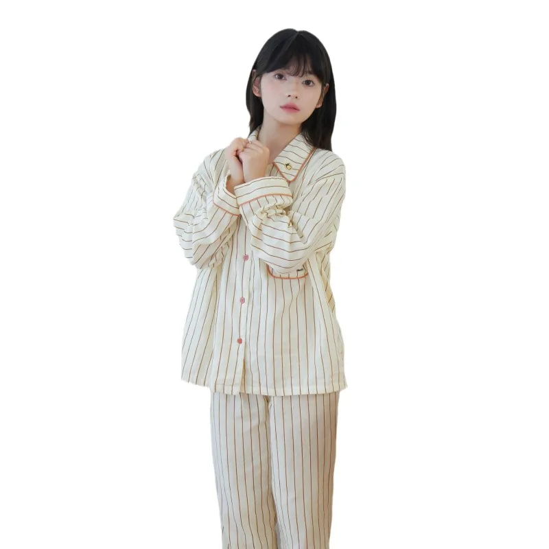 Spring / Autumn Women\'s Cotton Pajamas Striped Loose Long-sleeved Trousers Loungewear Pocket Embroidery Sleepwear 2 Piece Sets