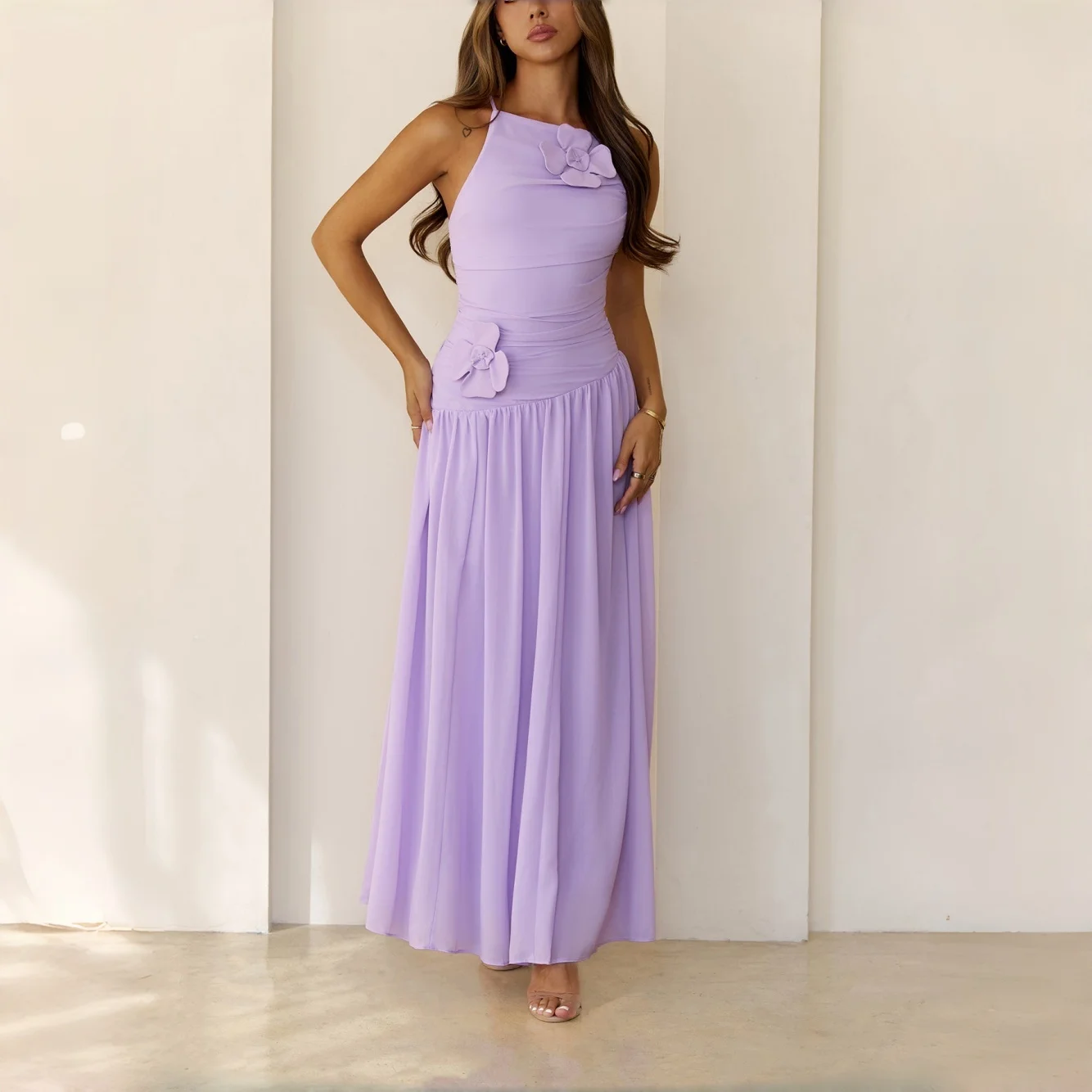 Lavender Cross Back Chiffon Maxi Dress 3D Floral Ruched Waist Formal Cocktail Party Bridesmaid Prom Wedding Guest Gown