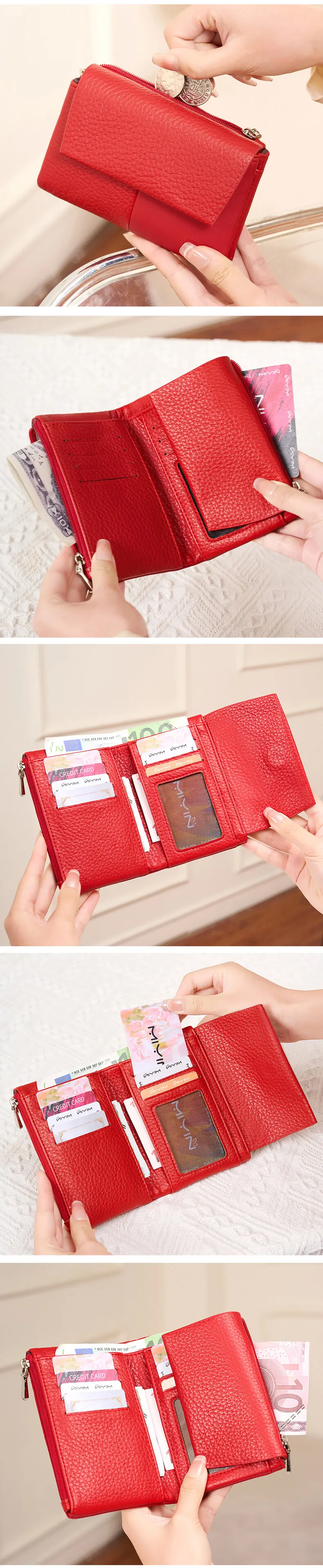 RFID-geschützte Damen-Geldbörse, stilvolle zweifach faltbare Geldbörse mit großer Kapazität, Kreditkartenhalter, Münzbörse, Doppelreißverschluss, Damen-Handtasche – Detail 4