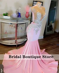 Long Pink Prom Dresses 2024 Luxury Sparkly Beaded Diamond Rhinestones Mermaid Evening Gown Black Girl Gala Gowns Customized 