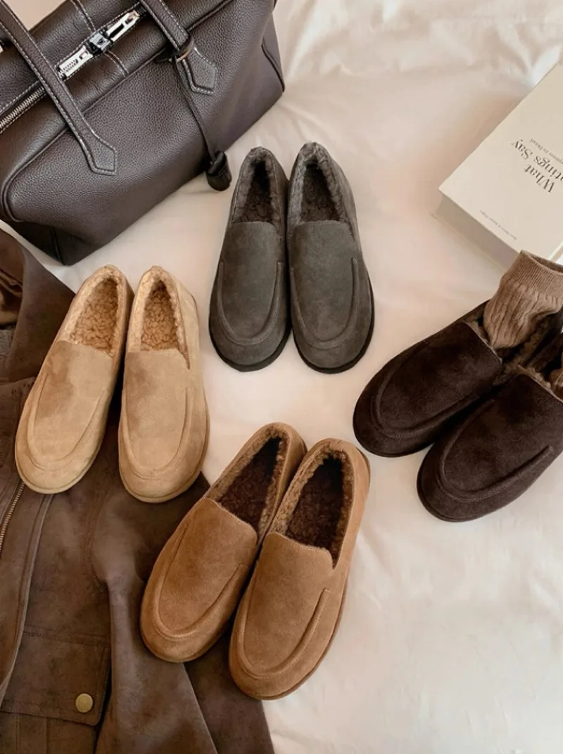 نسخة الصوف جولة رئيس كسول شعر أحذية المرأة الصوف المال القديم الرياح المتسكعون الصوف الدافئة القطن الشقق الانزلاق على