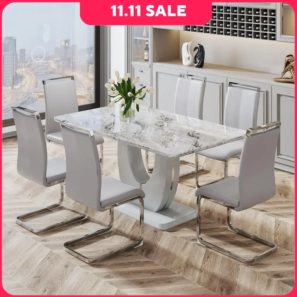 

Dining Table Set for 6, Modern Dining Room Set, Marble Table Set, 7 Pcs