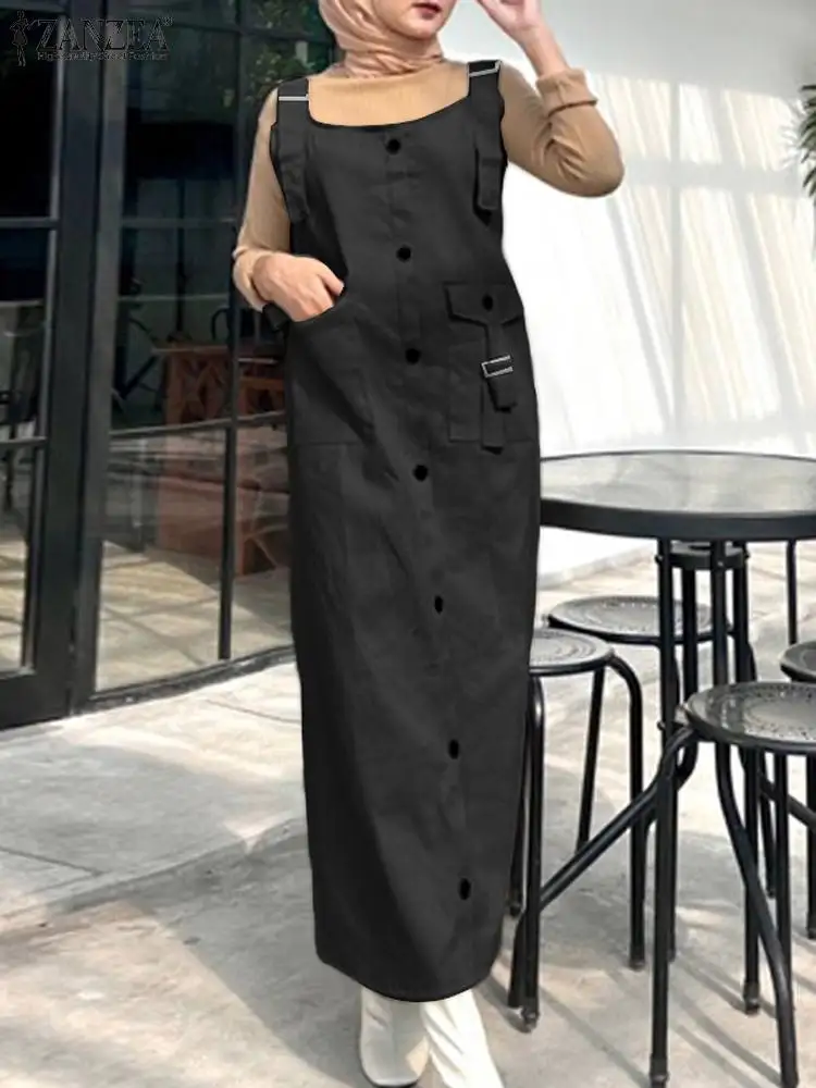 ZANZEA Fashion Eid Mubarek Muslim Dress Woman Sleeveless O-Neck Dresses Vintage Party Sundress Elegant Solid Strap Vestidos 2024