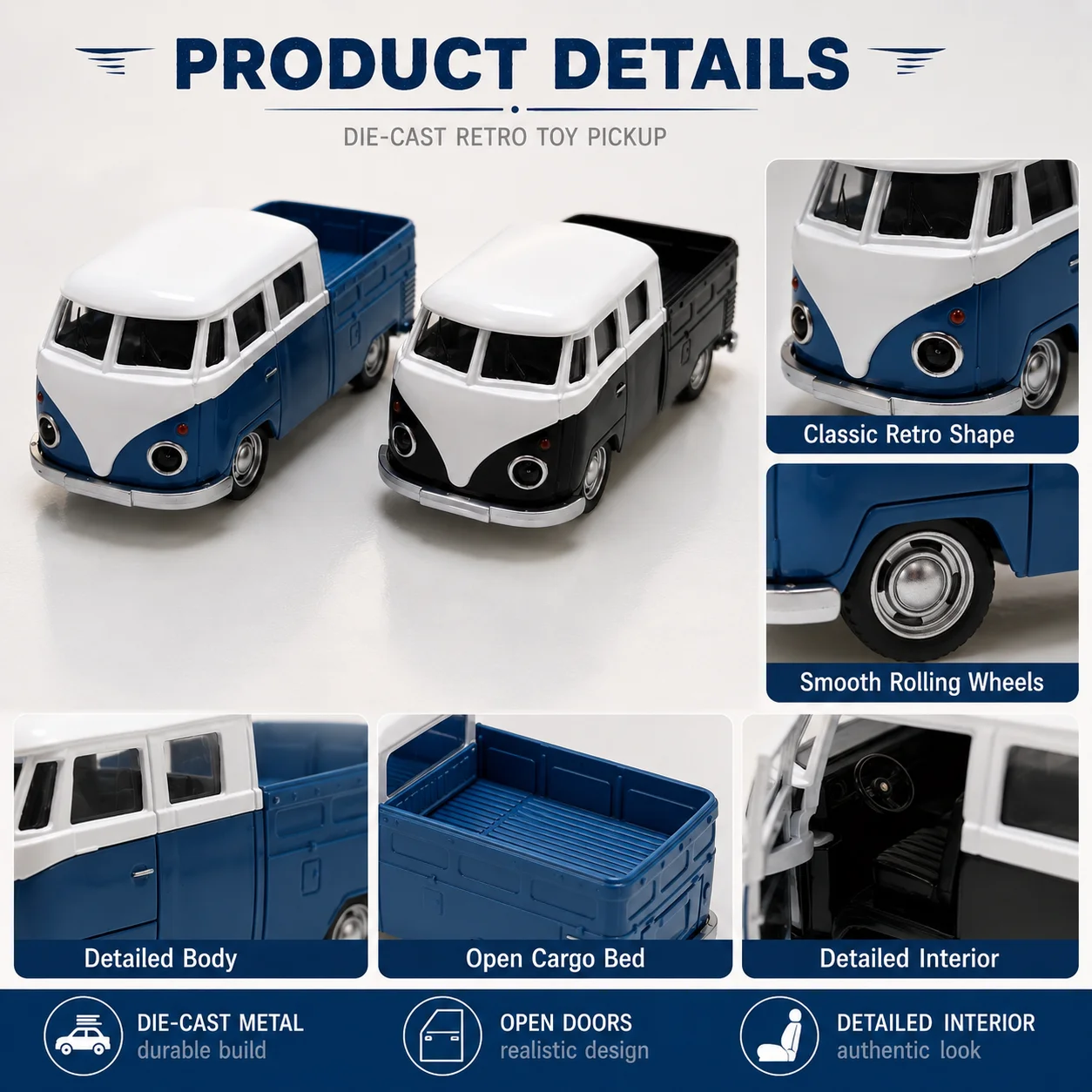 (Wellpappenschachtel) Maßstab 1:40, Vintage Cabover Pickup Modellauto, Kraftvoller Rückstoß, Metallguss, Jungenspielzeug, das beste Geschenk. – Detail 5
