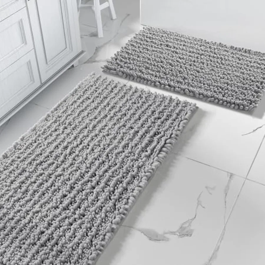 

Gray Bathroom Rugs Sets 2 Pcs - Luxury Chenille Shaggy Bath Mat Super Absorbent and Non Slip and Quick Dry Soft Thick Bathroom