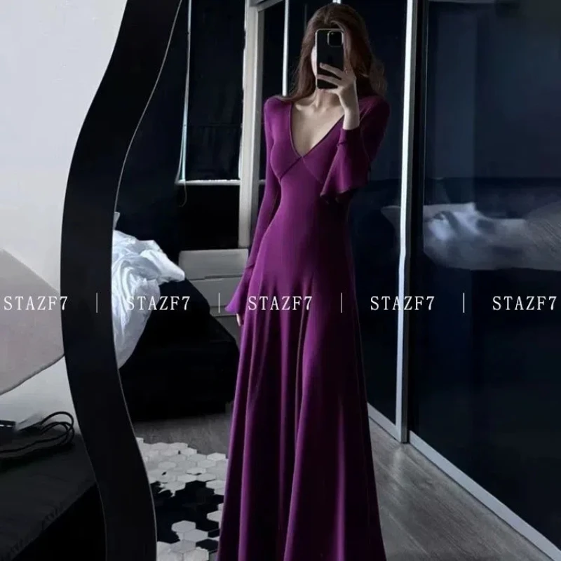 French Style Design Long-sleeved Solid Color Dress New Sexy Slim Fishtail Long Skirt