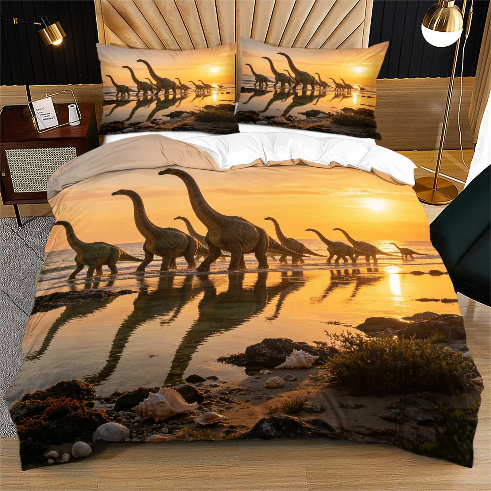 Stunning Dinosaur Herd Sunset Beach Duvet Cover Set Seaside Sauropod Dinosaur Reflection Bedding Set Soft Microfiber Quilt Cover