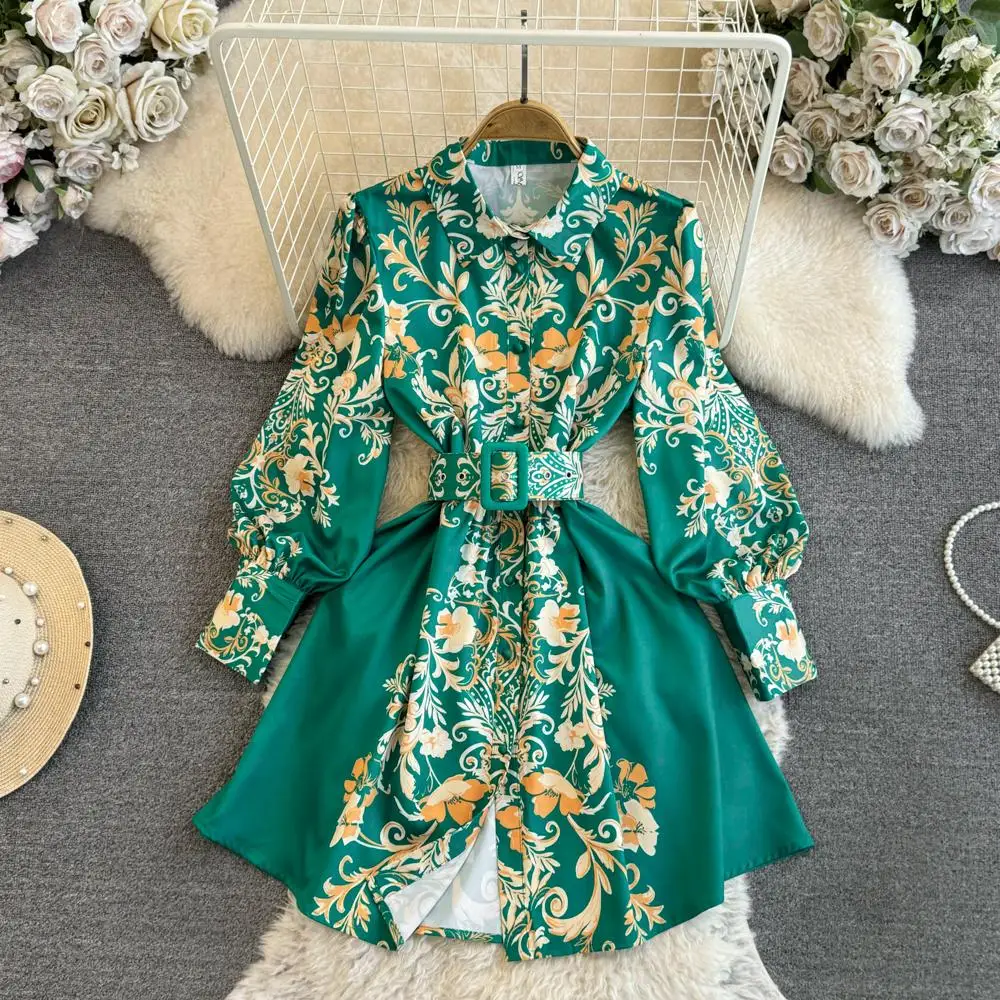 

Women Palace Retro Dress 2024 Spring Summer Runway Stand Collar Paisley Print Belt Lantern Sleeve Single Breasted Dress 2402