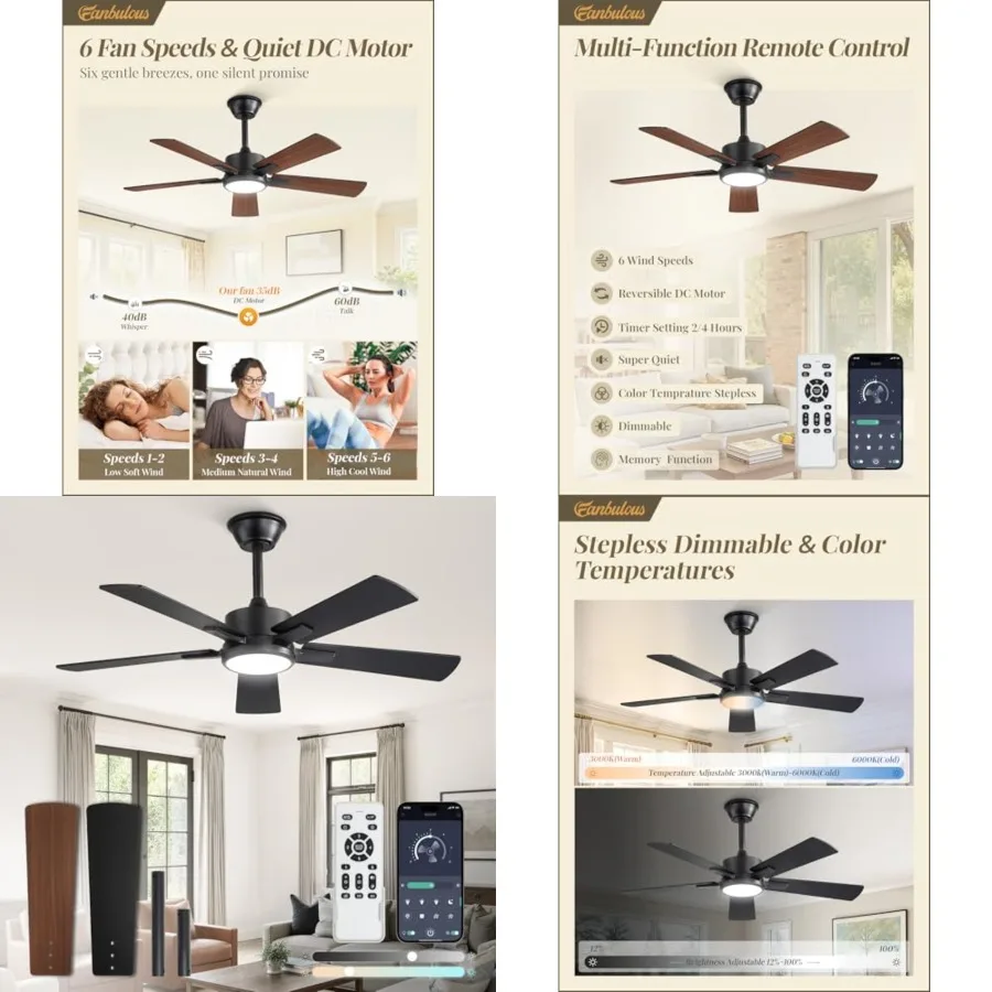

Ceiling Fans with Lights and Remote, Stepless Color Temperature Change and Dimmable 20W LED Ceilg Fan, 6 Speeds Reversible Quie