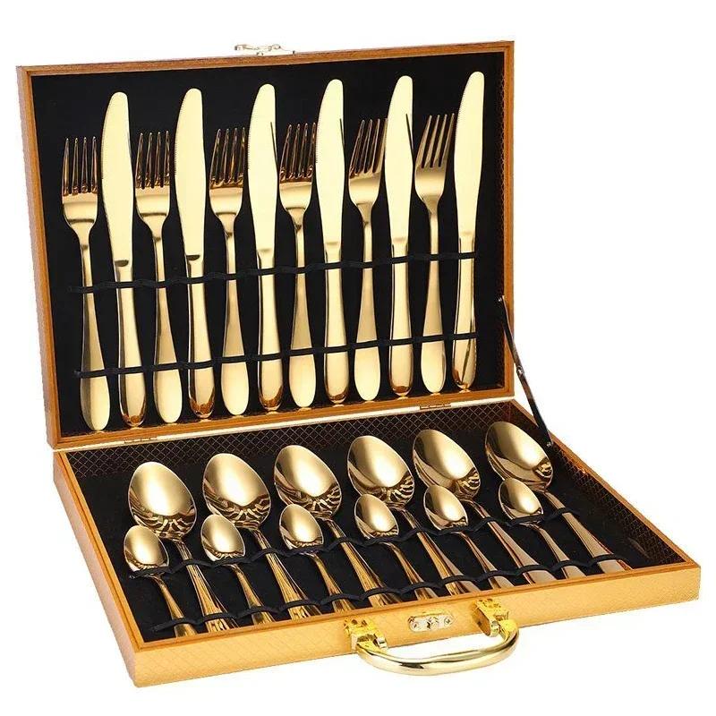 Retro Gold Cutlery Set Luxury Complete Tableware European Style Stainless Steel Spoon Fork Steak Knife Dinnerware Gift Box