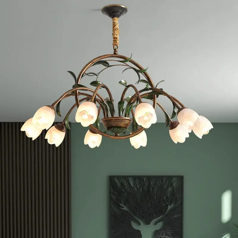 Nordic Scandinavian Style Room Apartment Decoration Chandelier Floral Wedding Pastoral Green Leaf Flower Glass Led Pendent Lamp