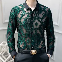 3 Colours Soft Velvet Slim-fit Men Clothing Nightclub long sleeved Sexy Polo See Through High Quality Transparent Floral Polo