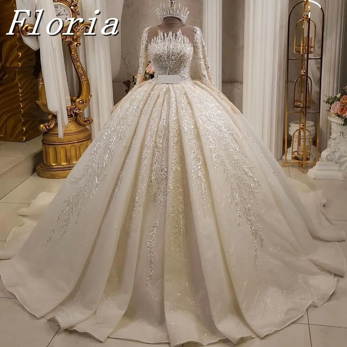 

Muslim Luxurious Long Sleeves Wedding Dress Classic Sparkly Sequin Leaf Bridal Dresses With Sweep Train A-Line Vestidos De Novia