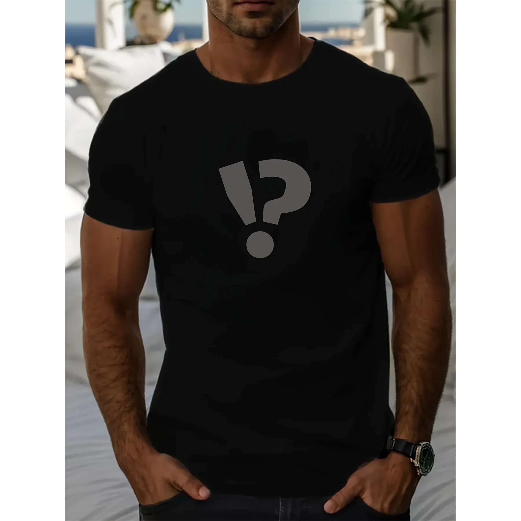 Exclamation and Question Mark Graphic Tee Men's Casual Short Sleeve Cotton T-Shirt for Daily Wear
