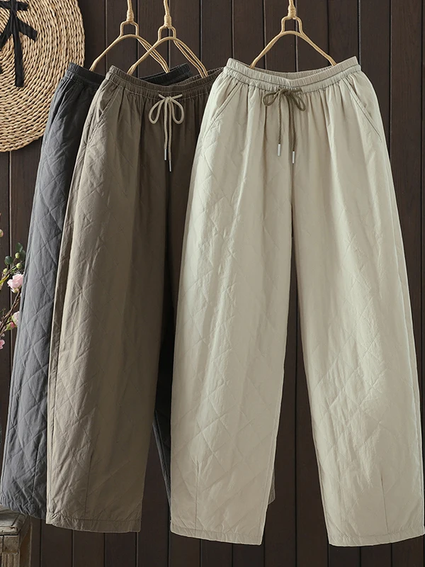 

Winter Casual Cotton Pants Women's Loose Large Size Elastic Waist Dstring Trendy Trousers Japanese Sle Straight Leg