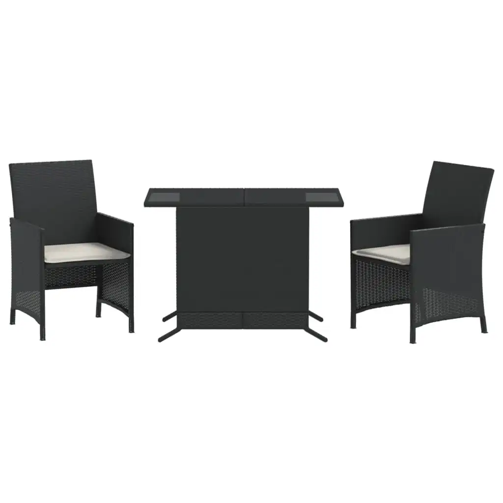 vidaXL Ensemble bistro 3 pièces en résine tressée noire avec coussins, table en verre trempé, housses amovibles et lavables, rangement compact sous la table, idéal pour jardin, cour arrière ou balcon
