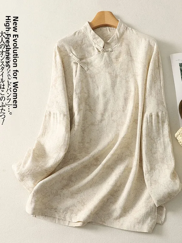 

Spring New Chinese Sle Reformed National Trend Cotton Linen irt Loose Long Stand Collar Women's plus Size Top