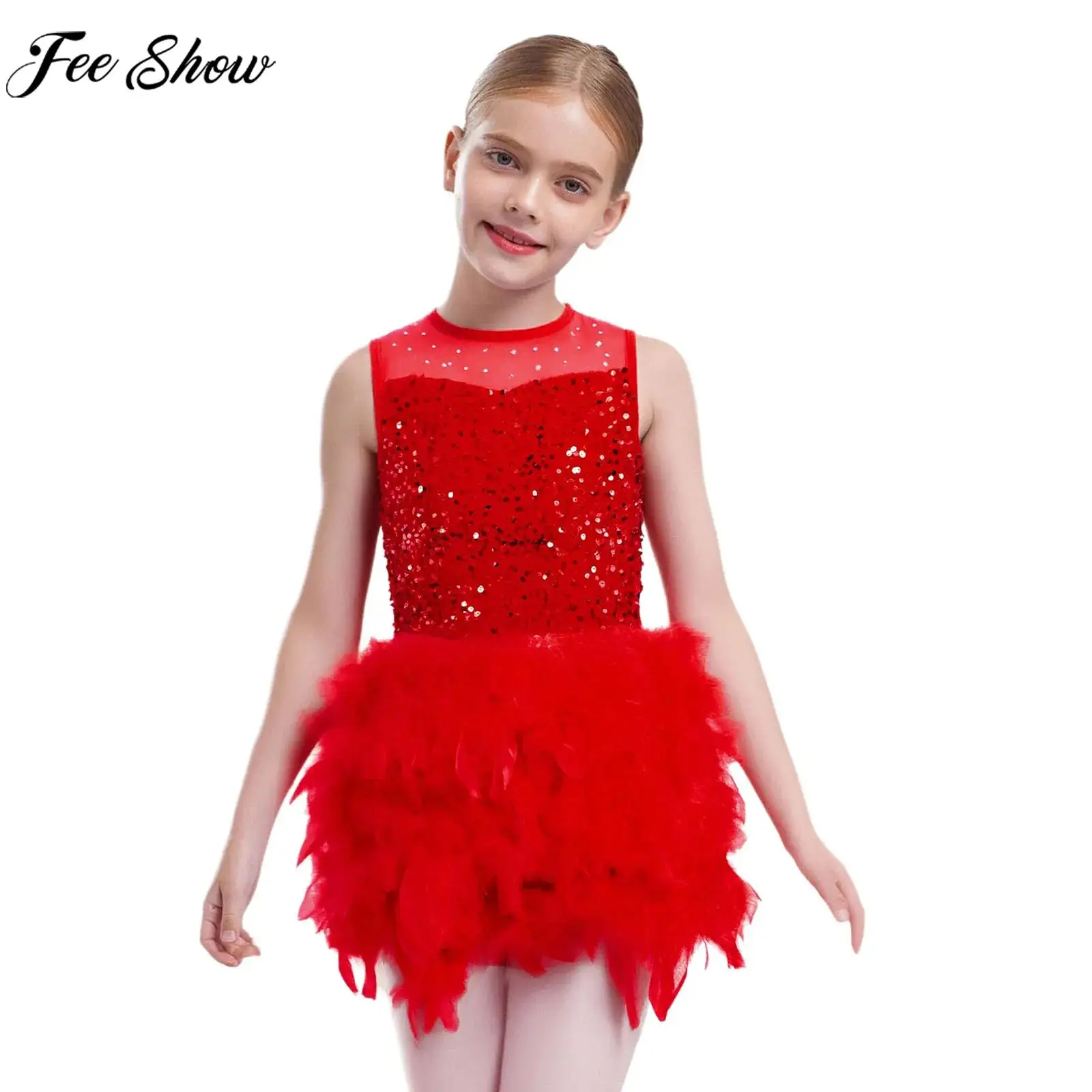 Kids Girls Ballet Dance Dress Figure Skating Lyrical Dancing Costume Sleeveless Sheer Mesh Sequins Feather Velvet Tutu Leotard