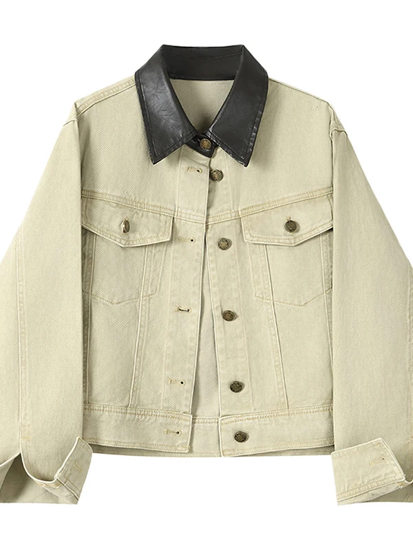 

Ретро-куртка в американском стиле из денима для женщин, весна-осень, новая модель, маленький размер, с воротником из искусственной кожи, в стиле колор-блок