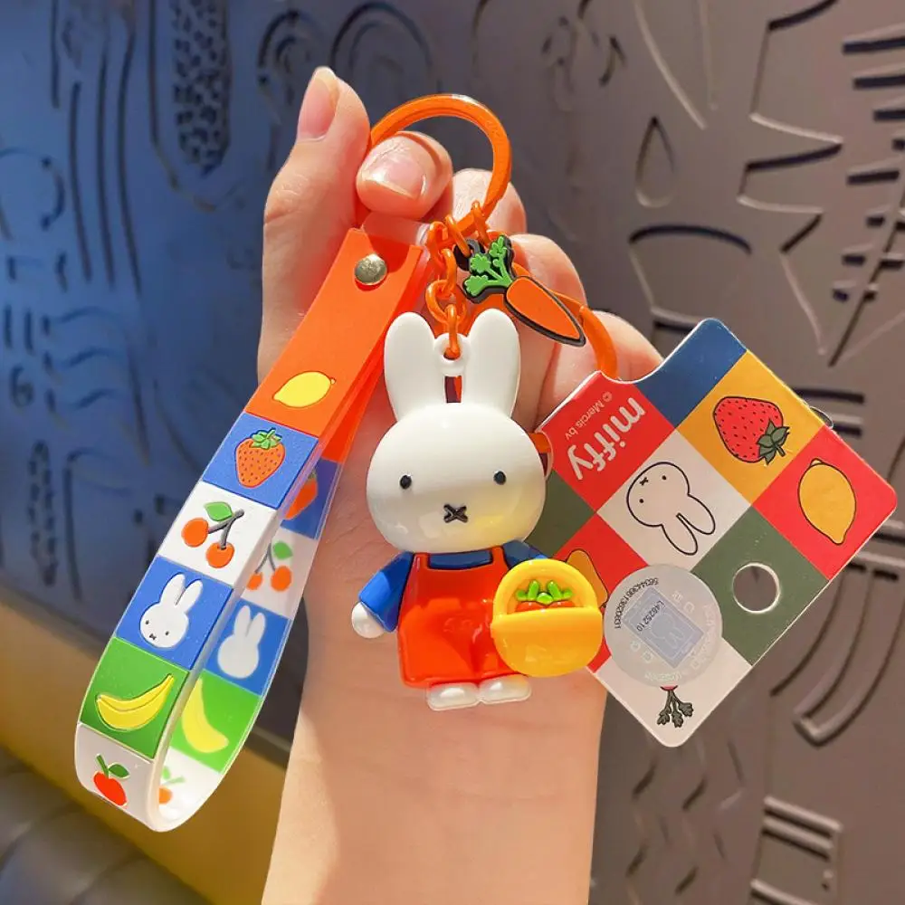 Miffy Rabbit Keychain Set Multi-color Fruit Pattern Plastic Key Ring With Lanyard Portable Bag Pendant For Keys Bags Phone Acces