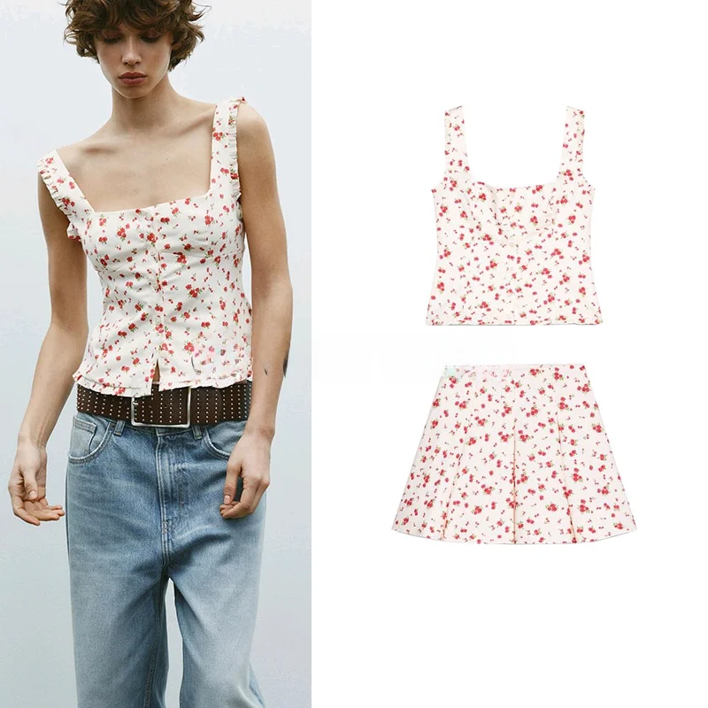 

Spring New Arrival Women's Elastic Silk Blouse with Flower Print And Wide Pleats Skirt ort Sve round Ne Two Piece...