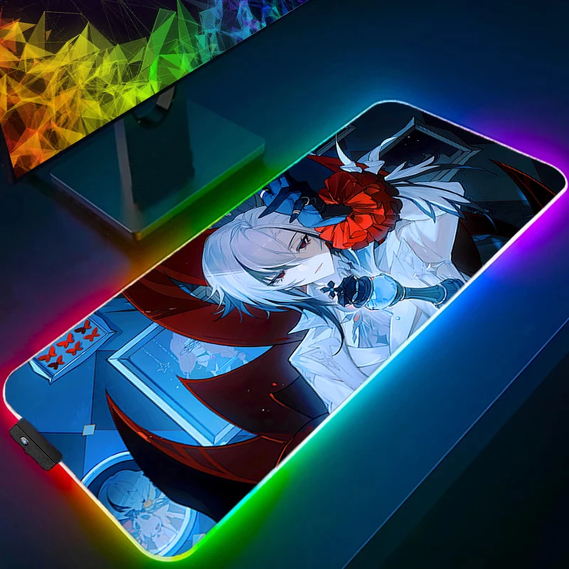 

Mouse Pad Gaming Accessories RGB Computer Genshin Impact Arlecchino Keyboard Pad LED Laptop Gamer Luminous Mousepad HD Desk Mat
