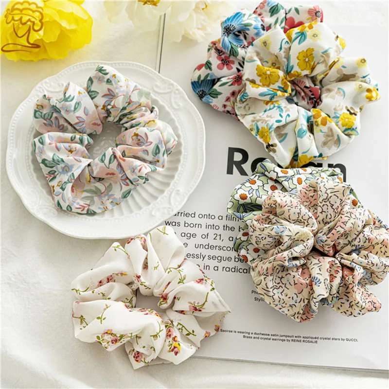 Summer New Floral Print High Sense Large Bowel Scrunchie Wholesale For Elegant Lady Satin Elastic Hair Scrunchies