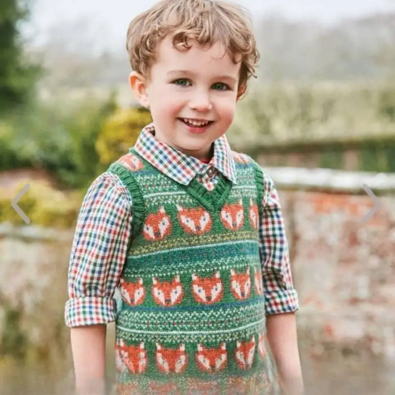 Kids V Neck Knit Vest Cute Fox Jacquard Sleeveless Sweater Toddler Boys Green Wool  Autumn Casual Children Knitted Tank Tops